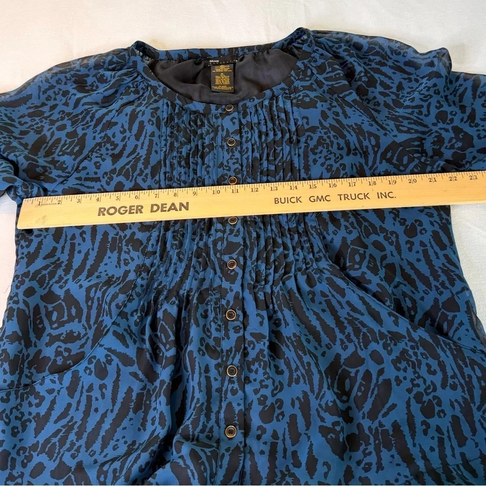 Grace Elements Blue/Blck Animal Print Long Sleeve Roll-Up Tab Blouse Size XL